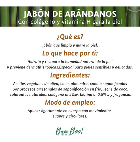 Imagen 2 de 5 de Jabón Arándanos Con Colágeno Y Vitamina H 100 Gr Bam Boo!