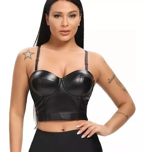 Blusa Curta Cropped Corset Top Couro Pu Lycra Bojo Alça