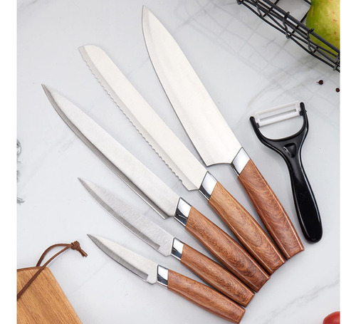 Set De 5 Cuchillos Acero Premium Mango De Madera Con Pelador Color Marrón