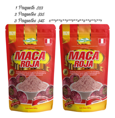 Maca Roja En Polvo 500 Gramos Peruana 2 Paquetes Promocion