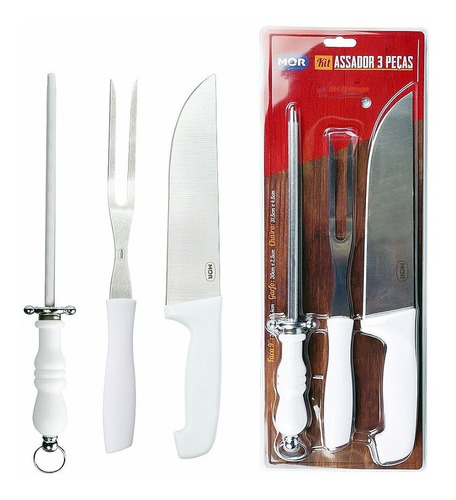 Conjunto Assador Churrasco Garfo Faca Chaira Kit C/ 3 Peças