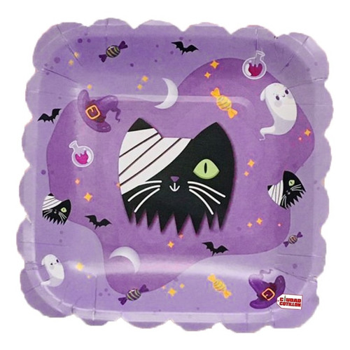 Platos Halloween X 8 Cuadrado Gato Calabaza Descartable - Cc