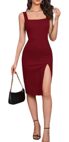 Vestido Cuello Cuadrado Con Dise o Abertura En Pierna Cuotas