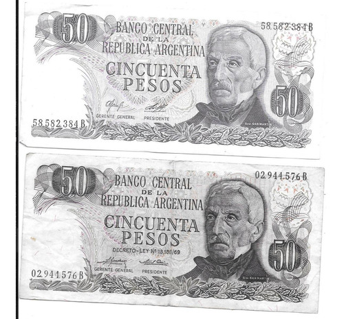 Lote 2 Billetes De Argentina. 50 Pesos Ley Serie B 