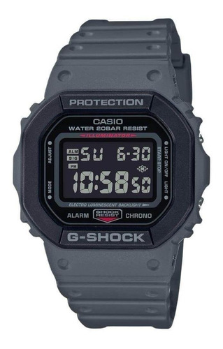 Reloj pulsera Casio G-Shock DW-5610 de cuerpo color gris, digital, fondo negro y gris, con correa de resina color gris, dial gris, minutero/segundero gris, bisel color negro y gris, luz azul verde y hebilla simple