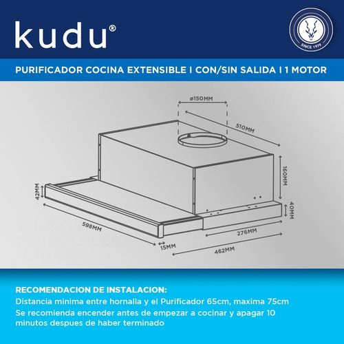 Imagen 3 de 10 de Purificador De Cocina Extensible Acero 60cm Con/sin Salida