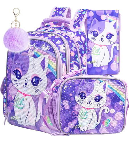 Mochila Escolar De Gatita + Lonchera + Cartuchera