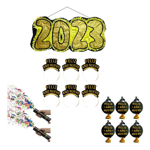 Kit Decoración Año Nuevo 2024 Piñata,corneta, Balaca,confeti