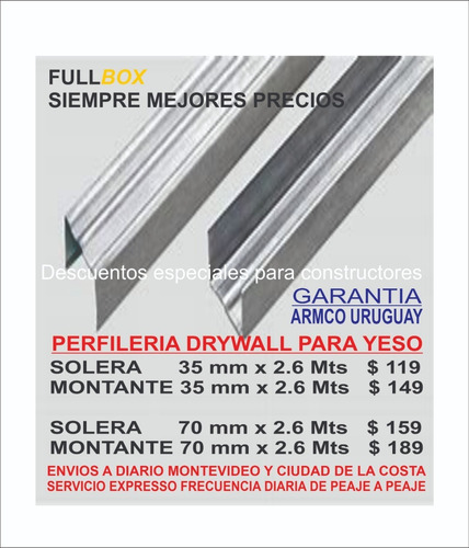 Imagen 1 de 4 de Solera Montante Para Yeso 35mm X 2.6 Mt Mejor Precio Fullbox
