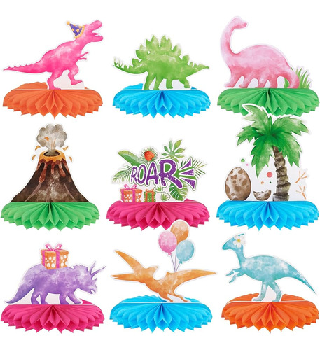 Centro De Mesa De Fiesta De Dinosaurios De Acuarela - 9 Pcs 