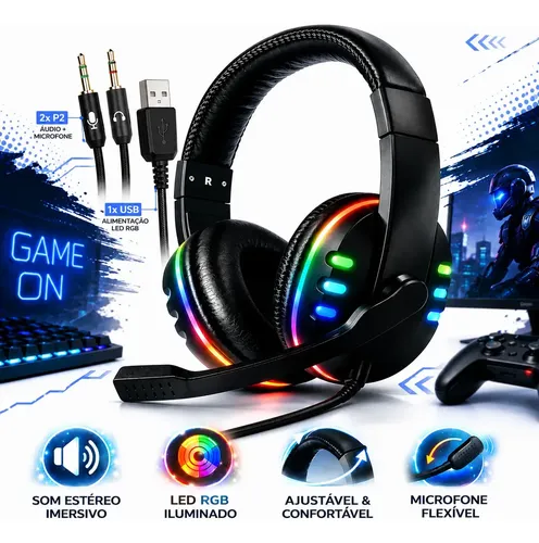 Headset Gamer RGB Led Com Microfone P2 P/ PC PS4 PS5 Xbox Celular...