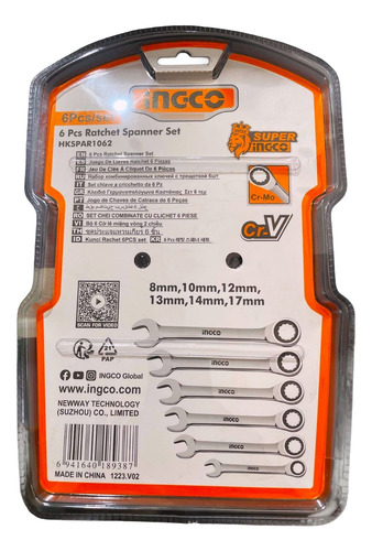Juego De Llaves Combinadas Con Crique 6zs 8 A 17mm Ingco Gris Oscuro