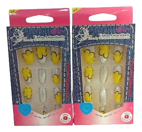 Unha Postiça Decorada Nail Style Kit C/ 2 Cor Prata E Amarelo Listras