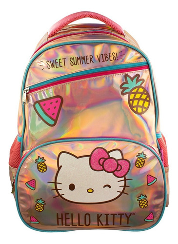 Mochila Escolar Primaria Hello Kitty Color Rosa, Blanco, Azul, Gris