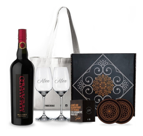 Box Set Vino Malamado Malbec 2 Copas Transparentes Grabadas