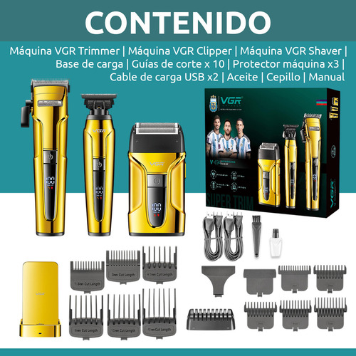 Kit profissional de aparador de cabelo sem fio e barbeador com base dourada Vgr V-694 3 em 1