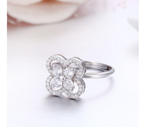 Anillo Ajustable Flor Grande Con Diamantes Mujer Plata 925