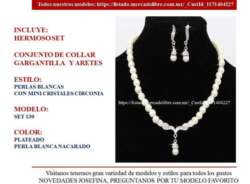 Set 130) Conjunto Gargantilla Collar Aretes Perla / Plata