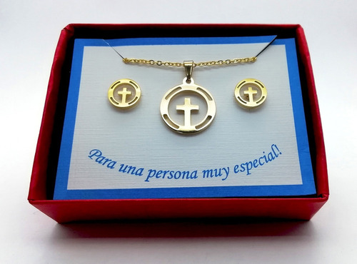 Imagen 2 de 4 de Juego Collar Y Aretes Diseño Cruz Chapa De Oro 22k M3134