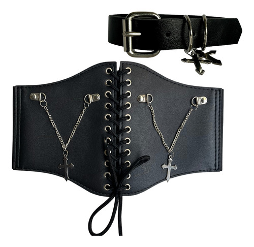 Combo Corset Gotico Cruces + Choker Con Cruces En Ecocuero