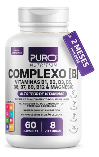 Complexo B Puro Nutrition – Vitaminas B1, B2, B3, B5, B6, B9, B12 e Magnésio, 60 Cápsulas