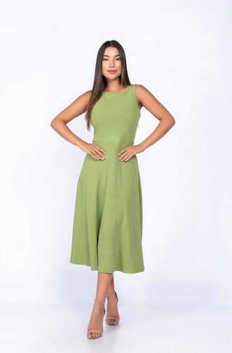 Imagem 1 de 5 de Vestido Midi Alfaiataria Com Decote Joia Malha Verde Jade