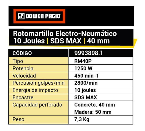 Imagen 6 de 9 de Rotomartillo 40mm 10j 1250w Dowen Pagio Magnum 9993898.1