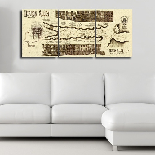 Cuadro Triptico 90x40x4cm Diagon Alley Map Harry Potter