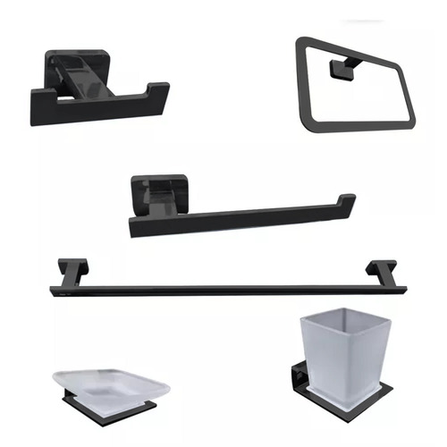 Kit Acessorios Banheiro 6 Peças Metal Aço Inox De Parede Luxo Lavabo Luuk Young 9700h Preto Fosco