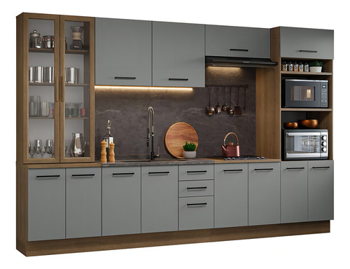 Armário De Cozinha Completa 340cm Agata Madesa 01 Cor Rustic/cinza