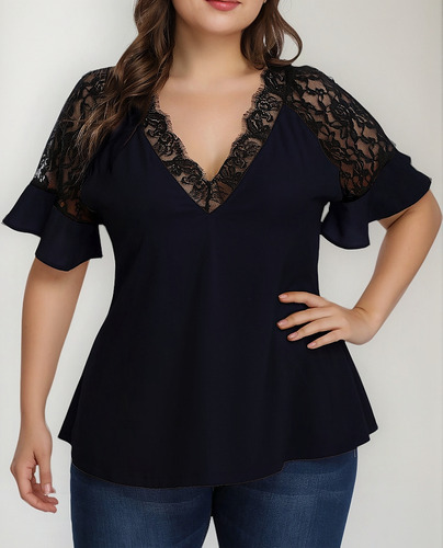 Playera De Mujer, Talla Grande, De Chifón, Cuello En V, Enca