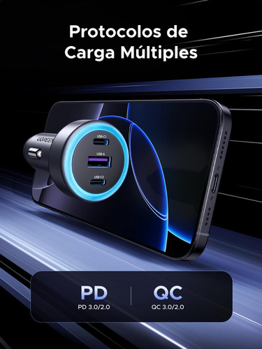 Cargador Auto Carga Rápida 3 Puertos Usb C Y Usb A