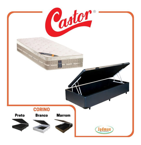 Cama Box Baú Solteiro King  + Colchão Castor Molas 96x203 Cor Corino Preto