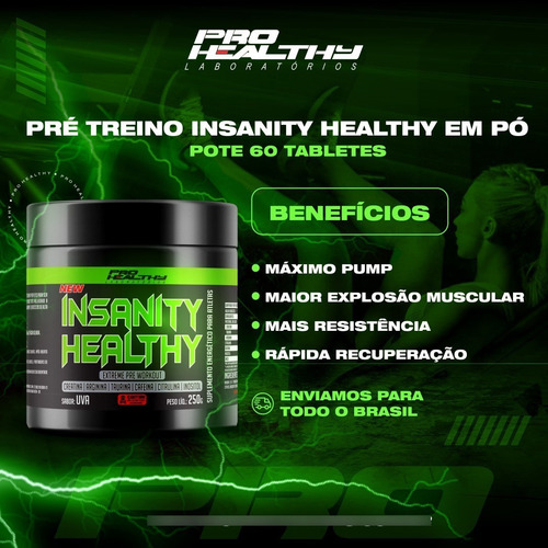 Kit 5x Pré Treino Sabor Uva Insanity Healthy 250g Pro Healthy