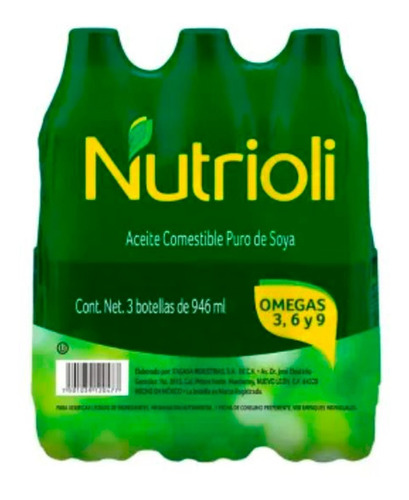 Aceite Puro De Soya Vegetal Nutrioli Botella 946ml 3pz