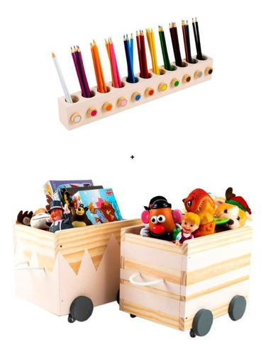 Kit Montessori, Caixotes Com Rodinhas + Porta Lápis De Cor