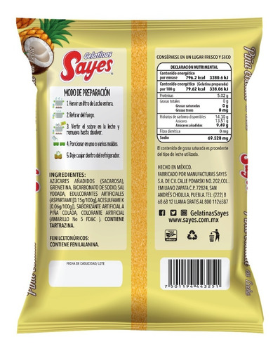 Imagen 4 de 4 de Gelatina Sayes De Leche Sabor Piña Colada 25 Piezas 120gr