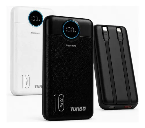 Power Bank 10000 mah Turbo 22.5W Carga Rápida Carregador Portátil Com Cabo Integrado Display Digital Usb Tipo C Universal iPhone Android iOS Samsung Xiaomi Motorola Bateria Externa Celular Eletromind