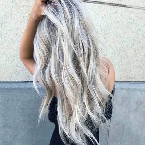 Peluca Larga De Mujer Color Gris Degradado Pelo Ola Natural