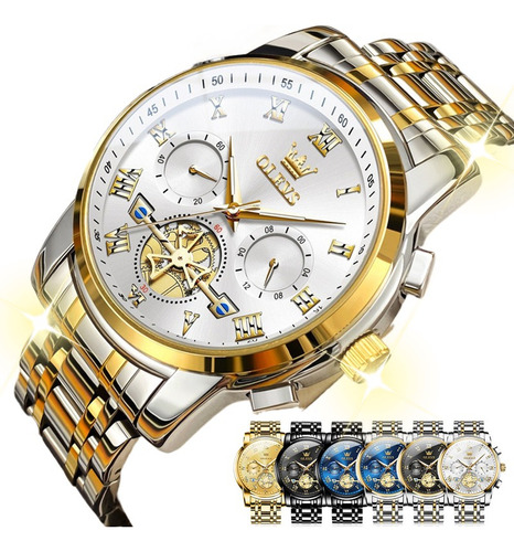Reloj Vintage Multifuncional Tourbillon Skeleton Dorado Para Correa Plateado Fondo Blanco