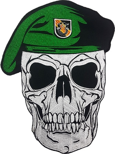 Parche Bordado Calavera Boina Verde Grande Motoquero Militar