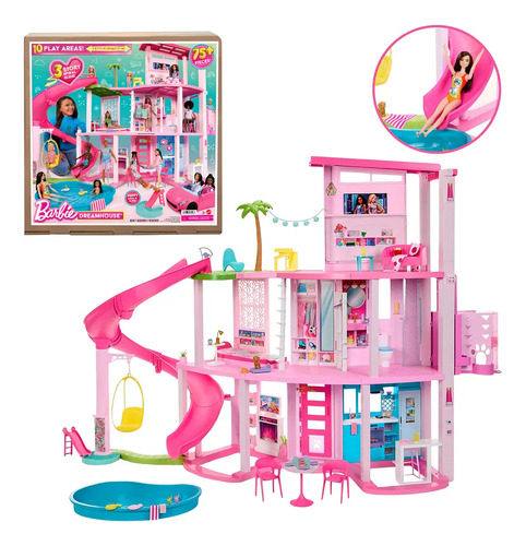 Casa dos Sonhos da Barbie Conjunto de Brinquedos com Piscina e Acessórios com 2 Andares para Crianças a Partir de 3 Anos