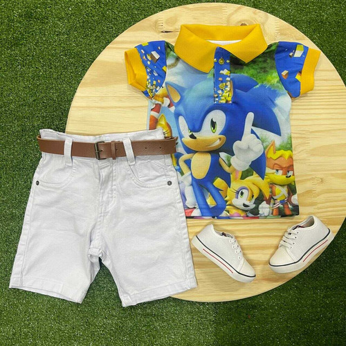 Conjunto Polo Sonic Azul Festa Fantasia Infantil Menino