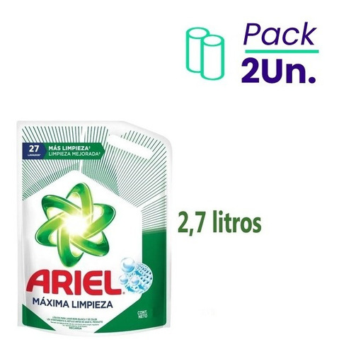 Pack X2 Jabon Liquido Para Ropa Maxima Limpieza Ariel 2,7lt