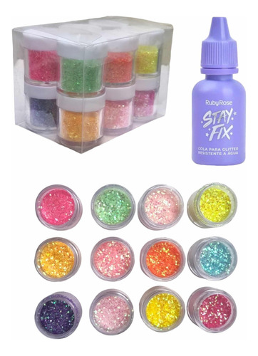 Glitter Sombra Flocada + Cola Stay Fix Festas E Carnaval 12u Sombra Colorido