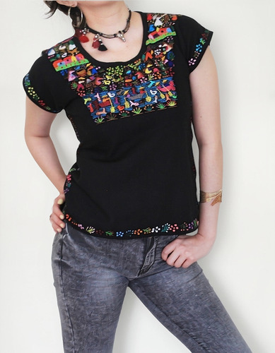 Blusa Top De Bordada Artesanal Negra De Algodón Talla M