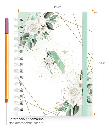 Caderno Plus Monograma Floral Verde Letra N 14x20 100 Fls