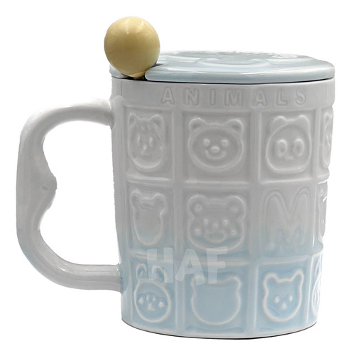 Taza De Cerámica Tapa Y Cuchara 350ml Animales Osito Gatito Azul Pastel Animalitos