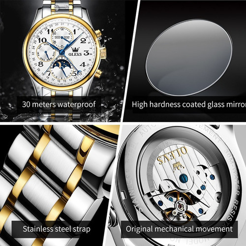 Olevs Reloj Cronógrafo Mecánico Con Fase Lunar Para Hombre Color De La Correa Stainless/silver Gold