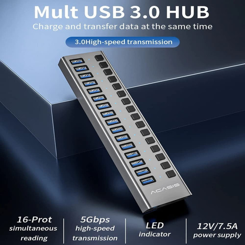 Imagen 3 de 8 de Hub Usb - 16 Port Usb 3.0 - Switch On/off - Fuente 12v 7.5a